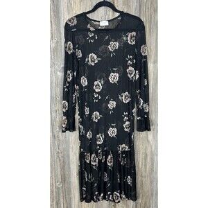 Everly Dress Sheer Black‎ With Floral Rose Print Bell Sleeve Size Large Coquet